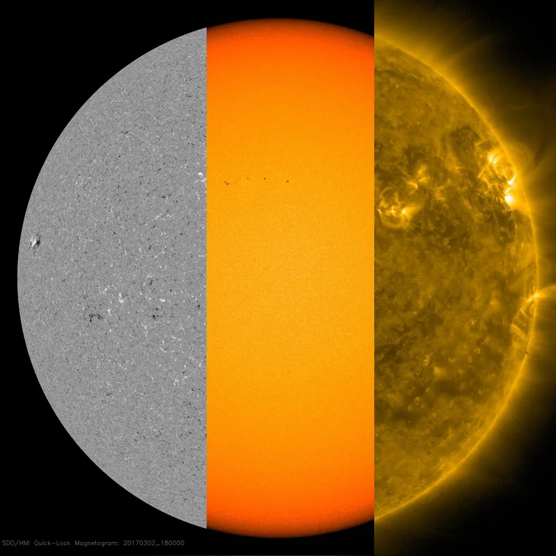 Trei vederi ale Soarelui alăturate: câmpul lui magnetic, suprafața vizibilă cu mici pete solare întunecate și arcuri luminoase de plasmă în ultraviolet