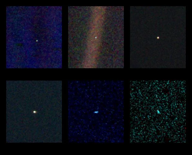 Șase imagini mici, mărite, cu Venus, Pământul, Jupiter, Saturn, Uranus și Neptun, ca puncte slabe de lumină văzute de la miliarde de kilometri