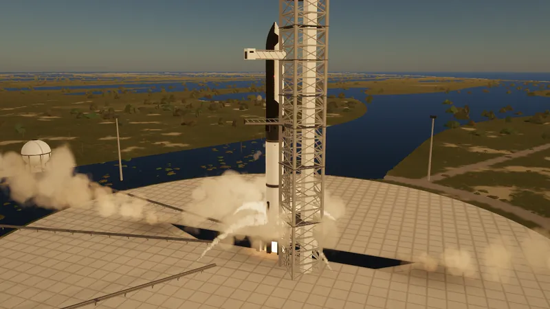 Die LIFTONAUT-Rakete hebt am Startturm ab, umgeben von weißen Dampfwolken, dahinter die Küste und das Meer