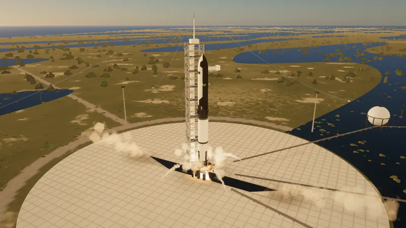 The LIFTONAUT rocket lifting off from its pad in clouds of steam, with wetlands and the coast stretching to the horizon