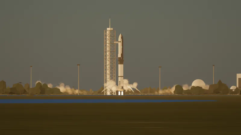 El cohete de LIFTONAUT subiendo junto a su torre de lanzamiento entre nubes de vapor, visto con teleobjetivo desde el otro lado del agua