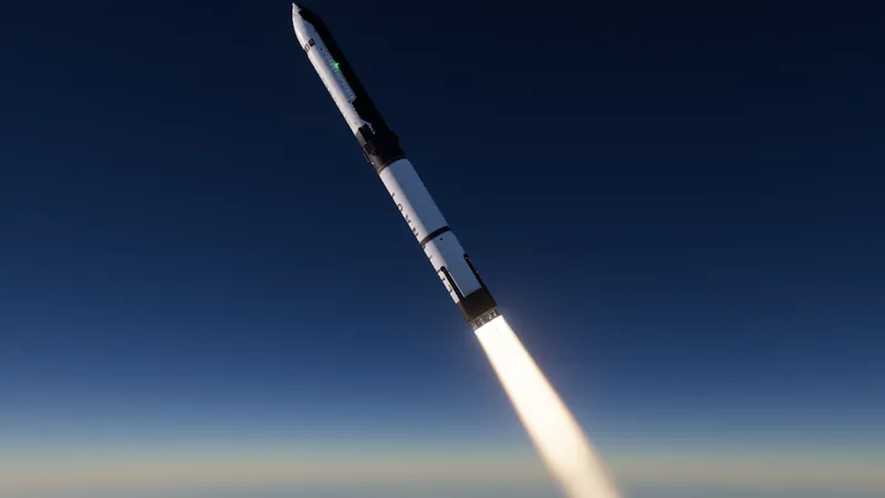 Racheta LIFTONAUT urcând printr-o atmosferă tot mai întunecată, pe o flacără lungă și albă, văzută de camera de urmărire