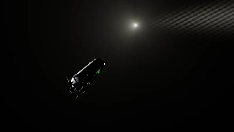 Nava LIFTONAUT lângă cometa 67P, cu coama luminoasă și cozile cometei